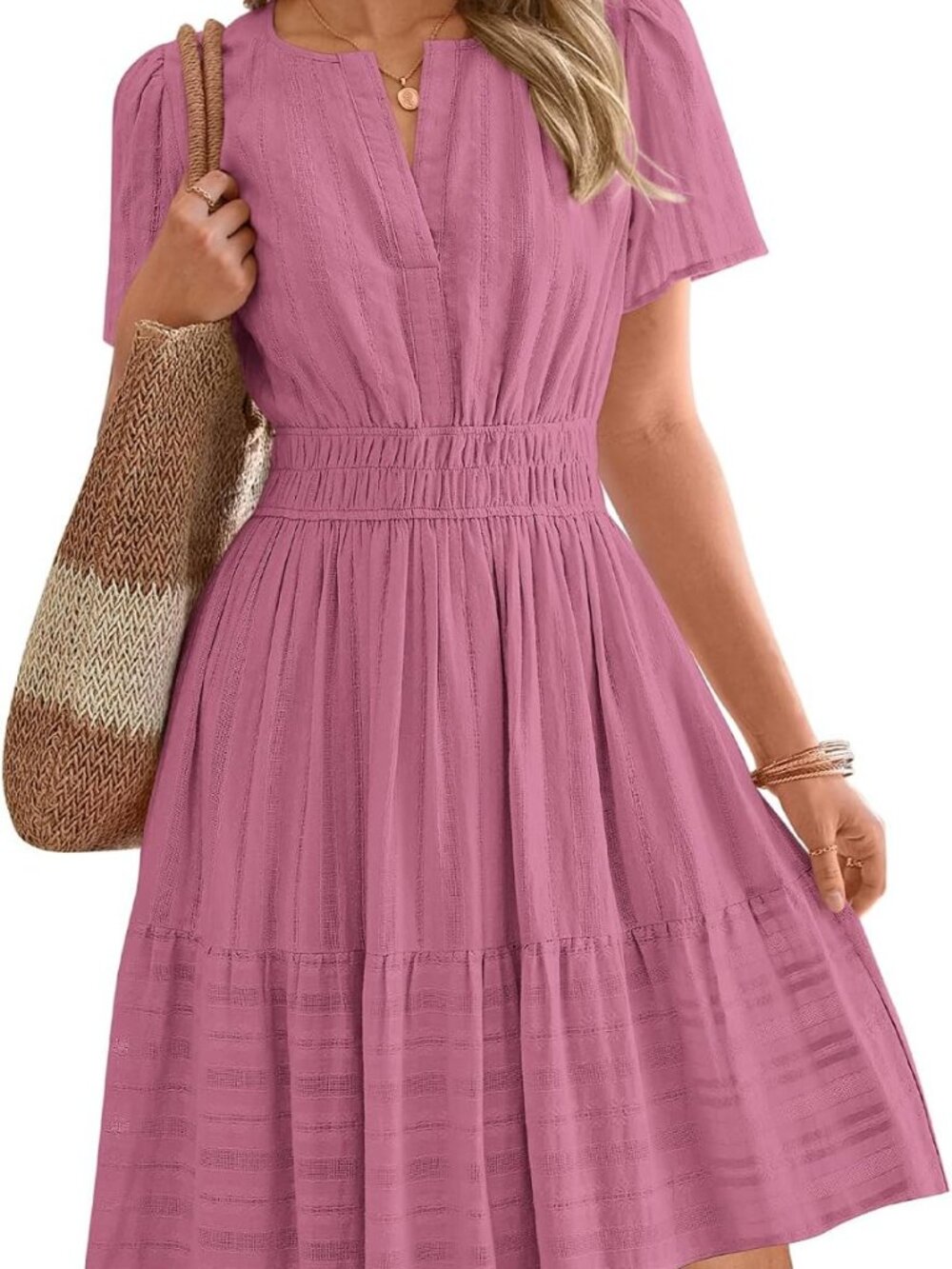 BTFBM Dusty Pink V-Neck Boho Mini Dress M #10